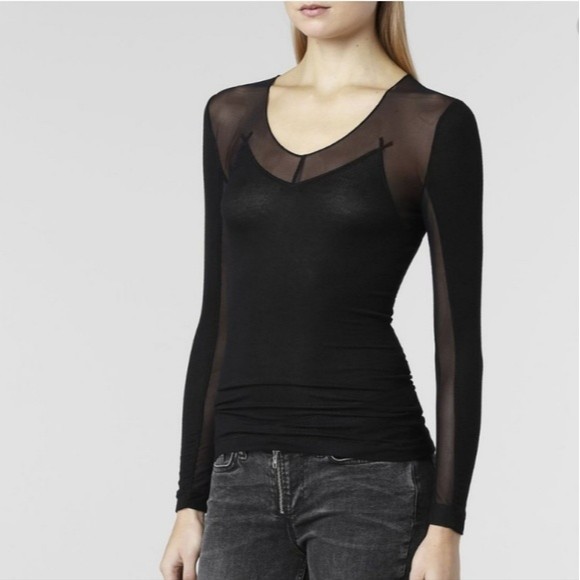 All Saints Tops - All Saints sheer black Emile long sleeve mesh detail top